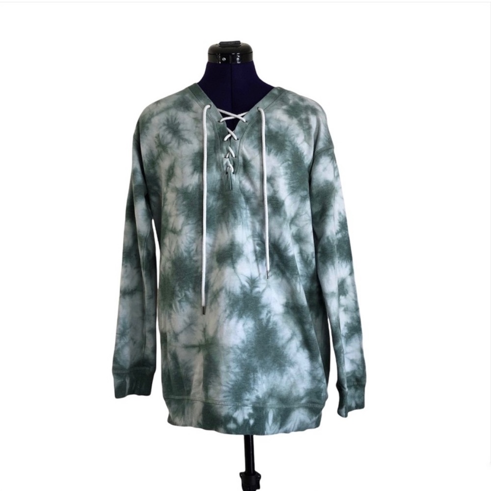 Cloud Chaser Green White Tie Dye Lace Up Sweater